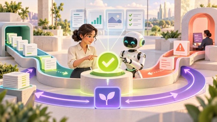 A human and AI system collaborating at a clear decision checkpoint inside an automated workflow