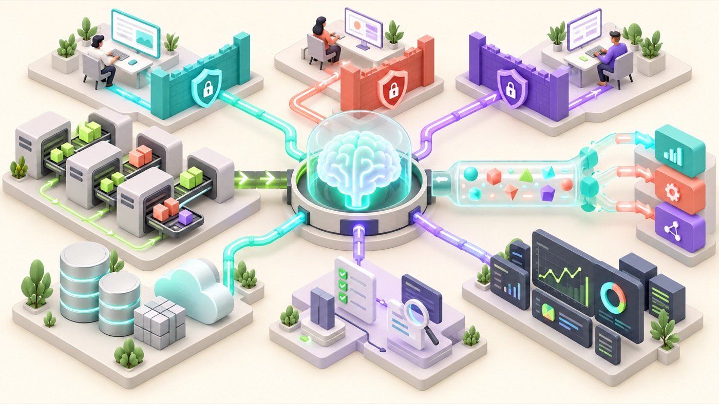 A Laravel application architecture surrounding an AI service with queues security and tenant controls