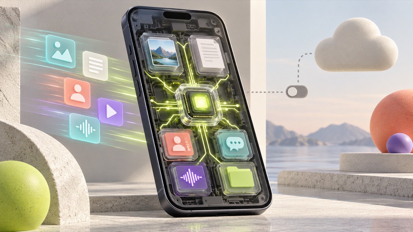 A smartphone running a compact private AI model locally with no cloud data leaving the device