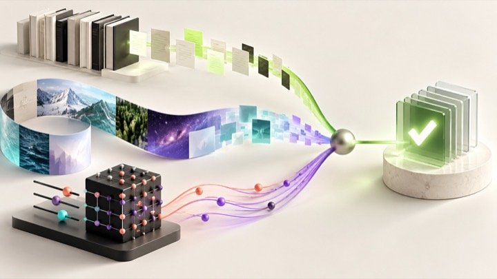 Three distinct AI pathways for retrieval, long context and fine tuning converging on a verified answer
